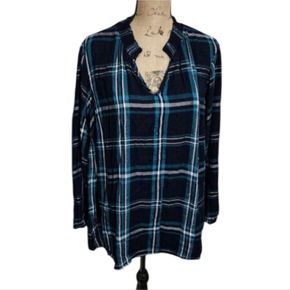 Lane Bryant Navy Teal Plaid Metallic Split Neck Blouse Smocked‎ Collar Top 22